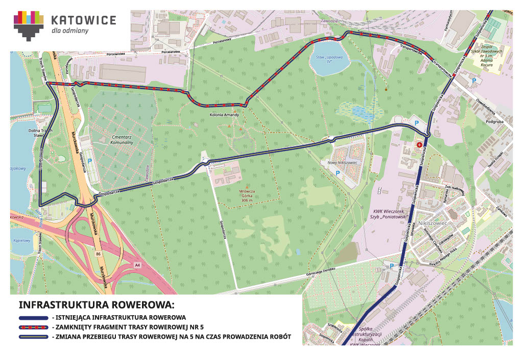 mapa trasy rowerowej nr 5 w Katowicach