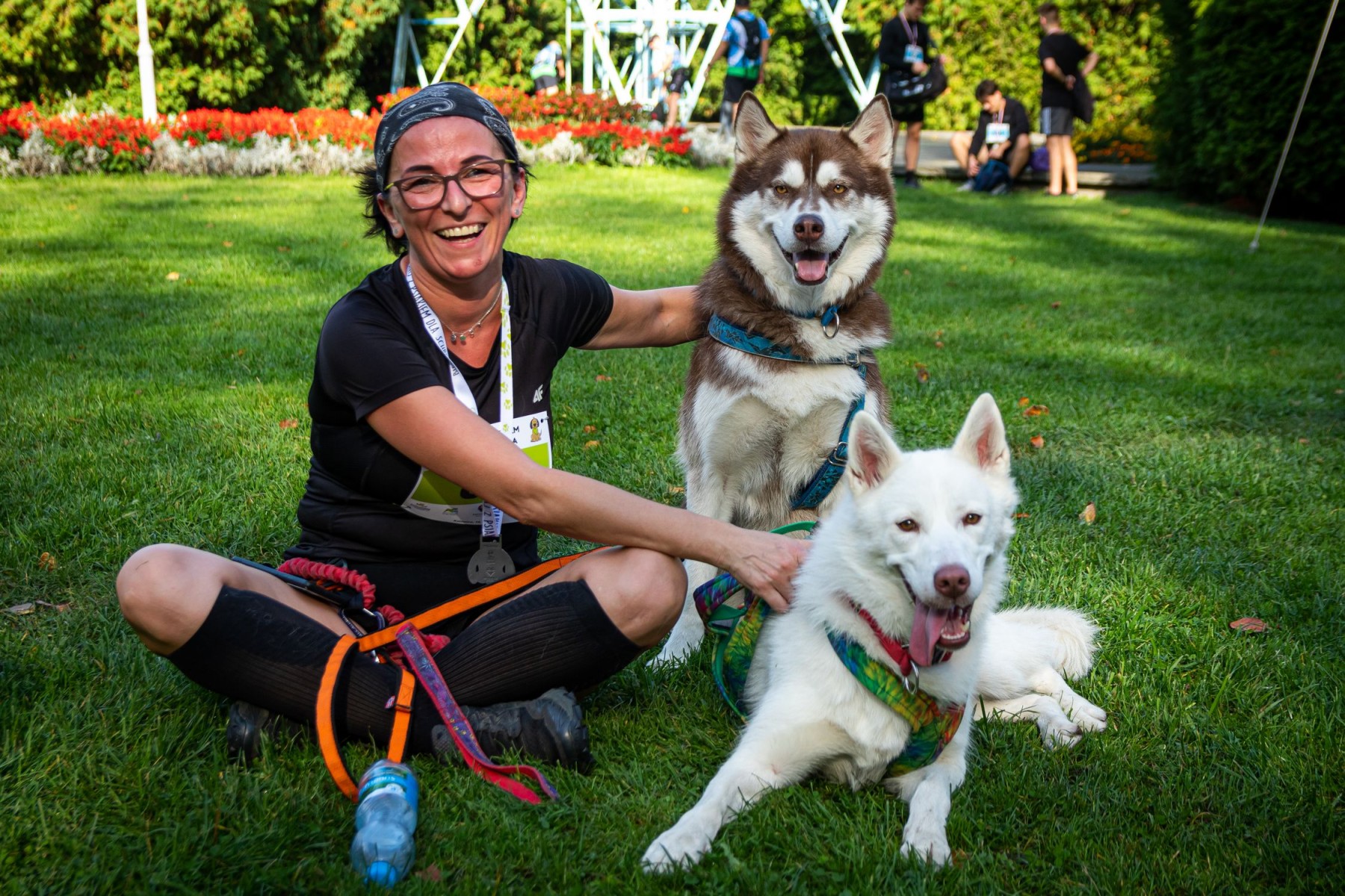 kobieta siedzi na trawie z psami husky w parku kościuszki w katowicach