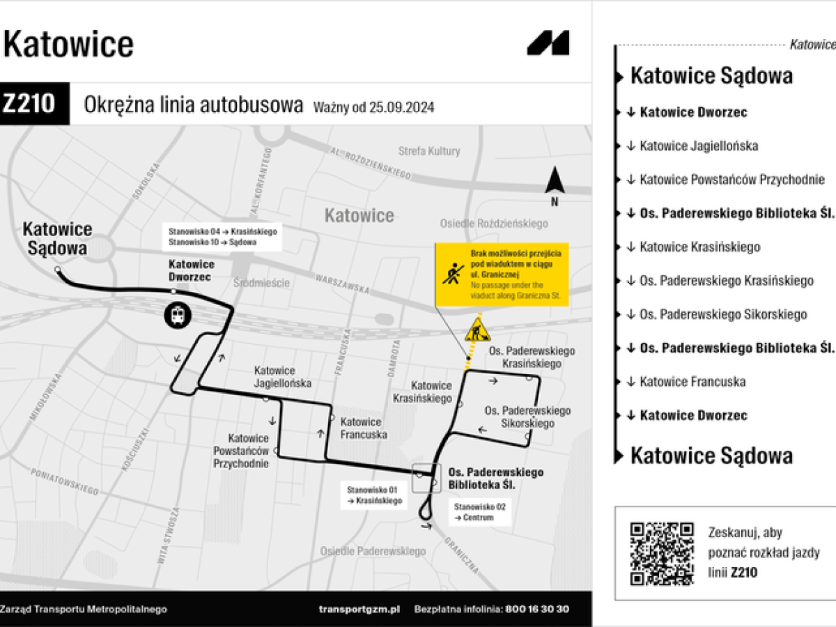 mapa linii autobusowej Z210