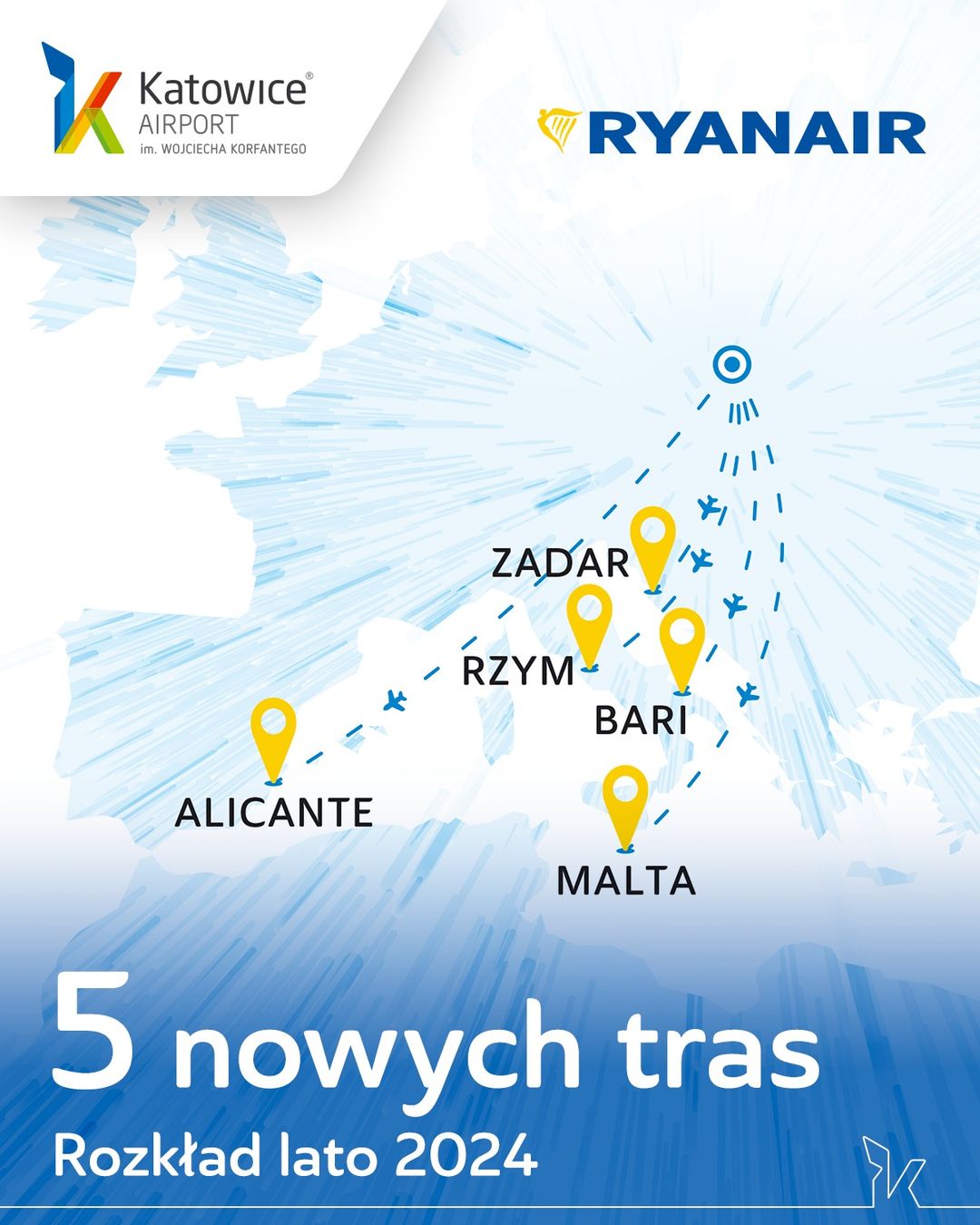 Nowe kierunki z Katowice Airport od Ryanair