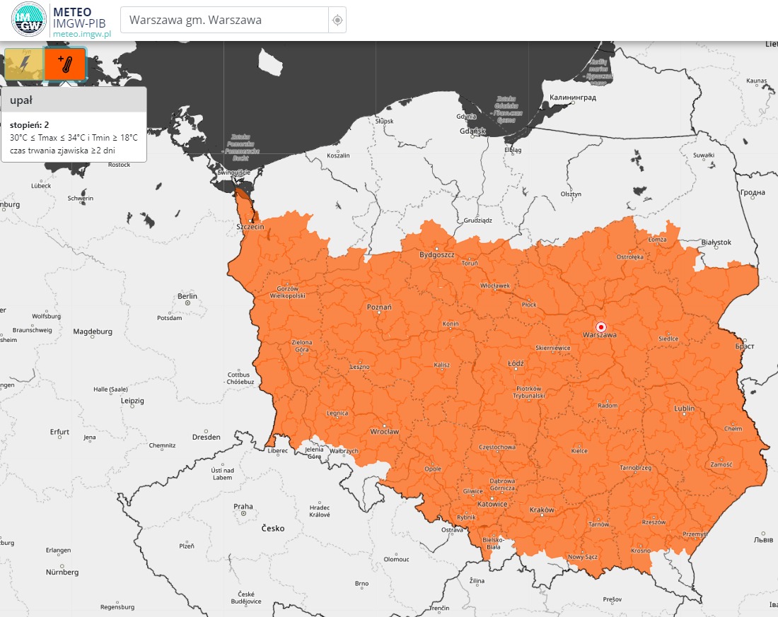 Ostrzeżenia meteorologiczne 2 stopnia przed upałem mapa