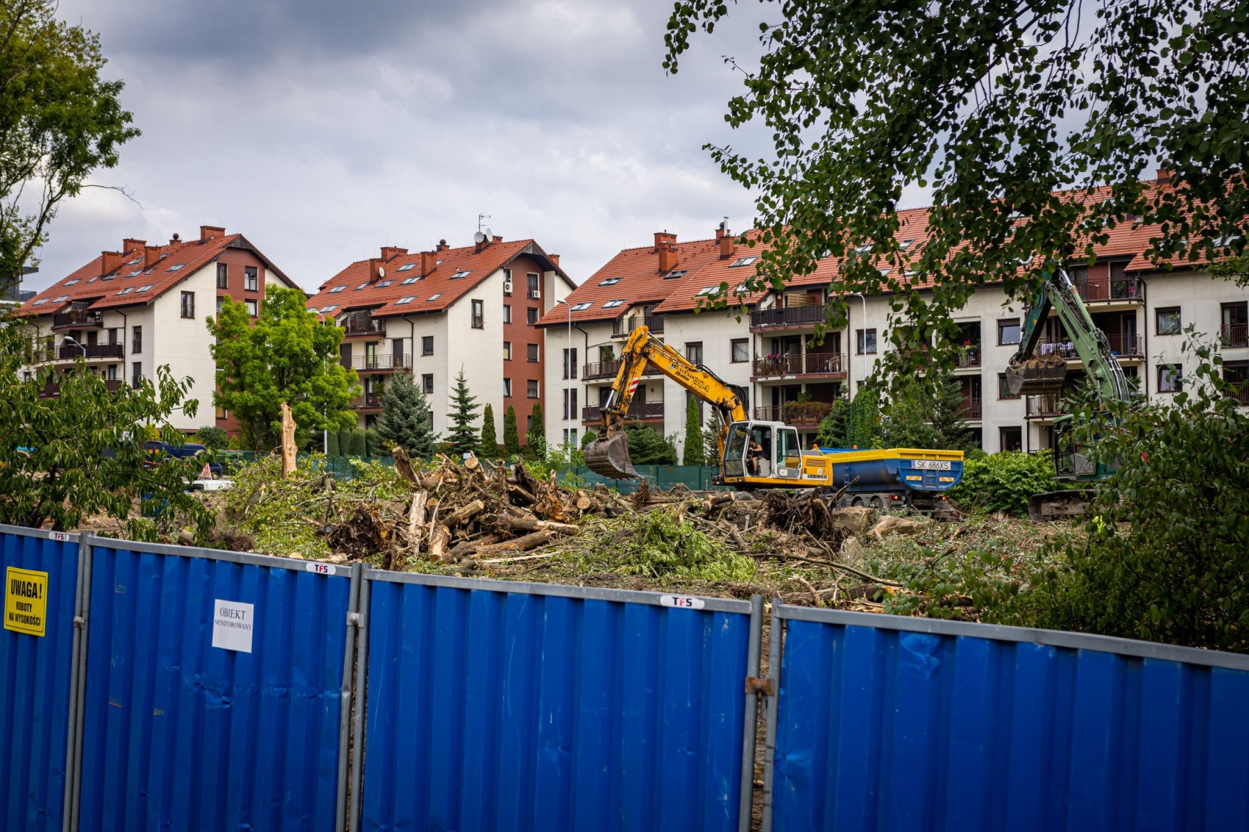 Ciężki sprzęt dewelopera na plantacji borówki w Katowicach