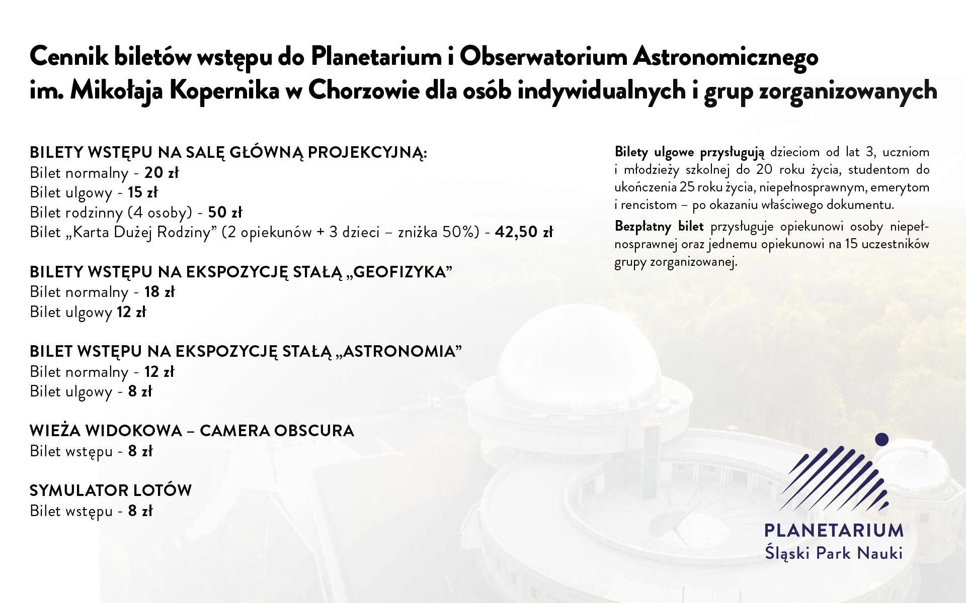 Mat. Planetarium - Śląski Park Nauki. Cennik biletów