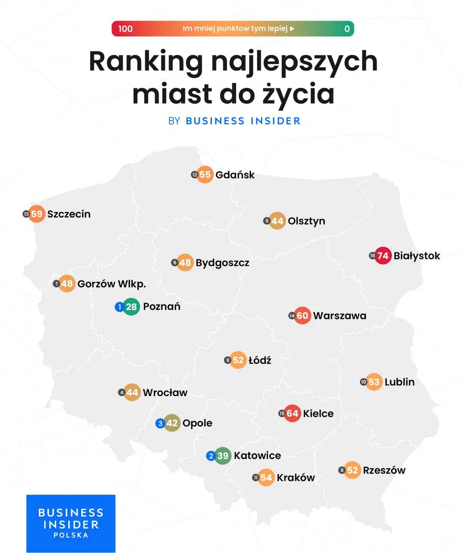 mapa najlepsze miasta do życia w Polsce